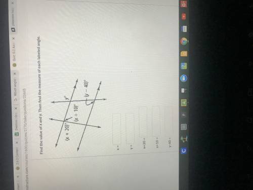 Pleaseee help!!! find the value of x and y Then find the measure of each labeled angle