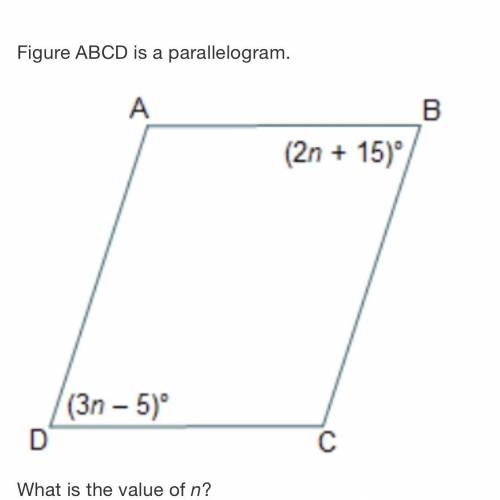 Figure ABCD is a parallelogram.

What is the value of n 
34
20
10
55