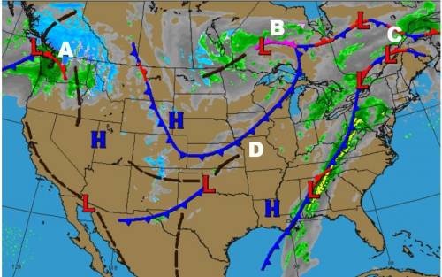 What front is moving towards location A on the weather map below?