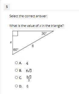 Select the correct answer.

What is the value of x in the triangle?
a 30-60-90 triangle with short