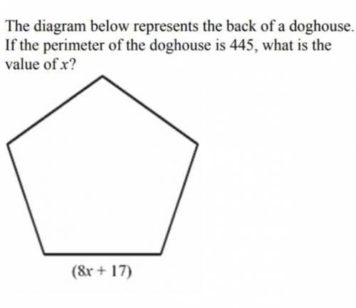 The diagram below represents the back of a doghouse. If the perimeter of the doghouse is 445, what