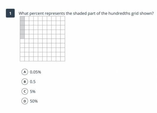 What percent represents the shaded part of the hundredths grid shown?

A 0.05%
B 0.5
C 5%
D 50%