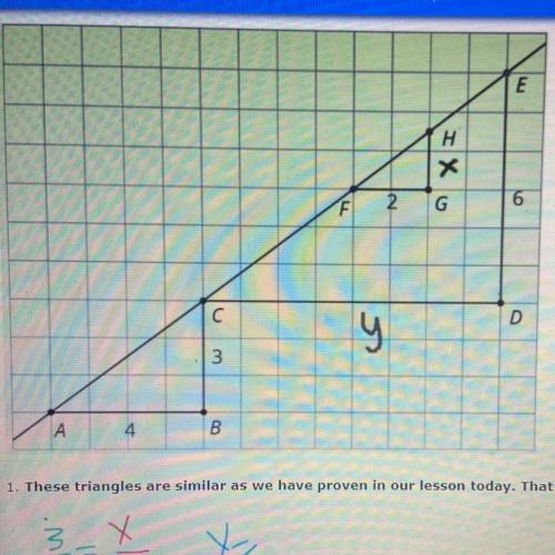 Can you find the value of X & Y?

What are the lengths OF each triangle what is the length of
