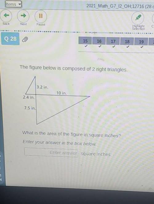 The figure below is composed of two right angles. what is the area of the figure in square inches?​