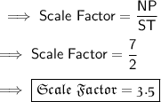 \sf\implies Scale \ Factor = \dfrac{ NP}{ST}\\\\\sf\implies Scale \ Factor = \dfrac{7}{2} \\\\\sf\implies \boxed{\pink{\frak { Scale \ Factor = 3.5 }}}