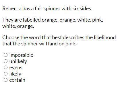 Rebecca has a fair spinner with six sides.

They are labelled orange, orange, white, pink, white,