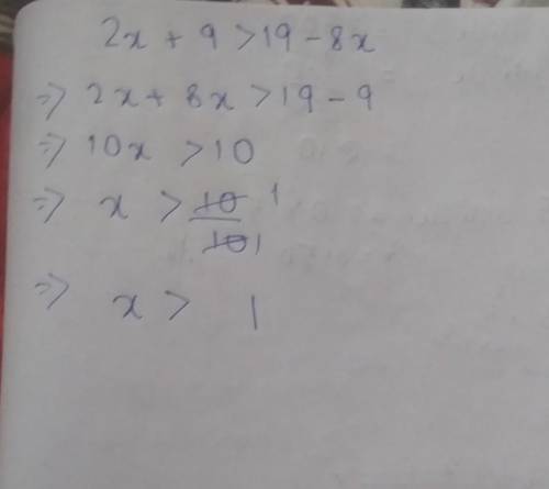 Solve the inequality 2x + 9 > 19 - 8x