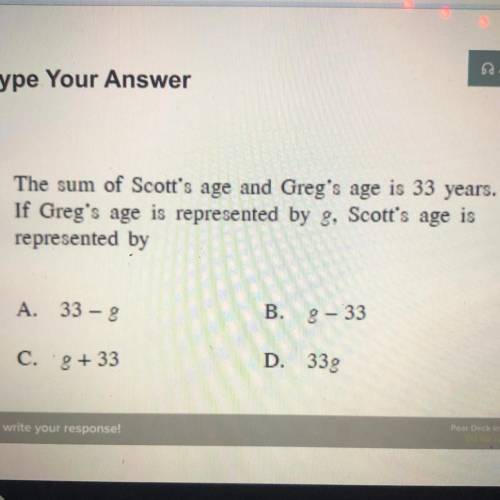 The sum of Scott's age and Greg's age is 33 years.

If Greg's age is represented by g, Scott's age