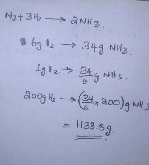 H2 reacts with N2 to produce NH3 according to the equation N2 + 3 H2 2NH3 . Determine how much NH3 w
