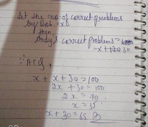 Andy and bob took a test that had 120 problems. Andy got 30 more problems correct than bob. The numb