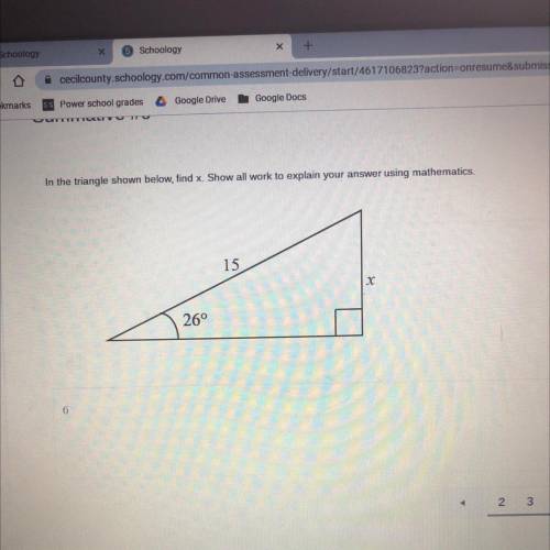 In the triangle shown below, find x. Show all work to explain your answer using mathematics.