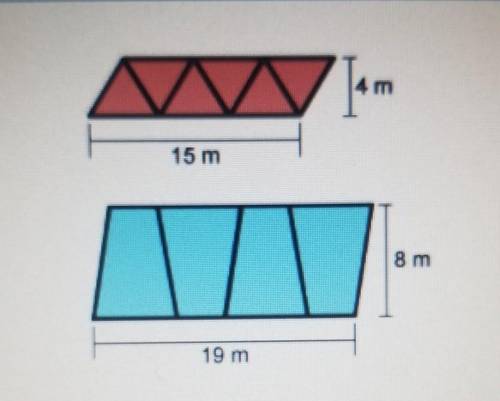 The picture shows a red parallelogram split into 6 equal parts and a blue parallelogram split into