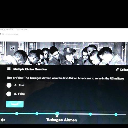 3 Multiple Choice Question

 
Collapse
True or False: The Tuskegee Airmen were the first African Am