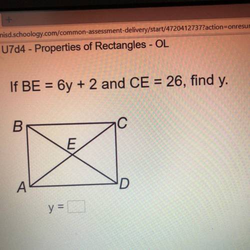 If BE = 6y + 2 and CE = 26, find y.
