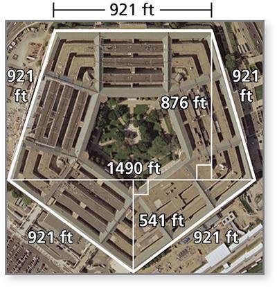 A bird’s eye view of the Pentagon. Each side of the pentagon is 921 feet. The interior is divided i