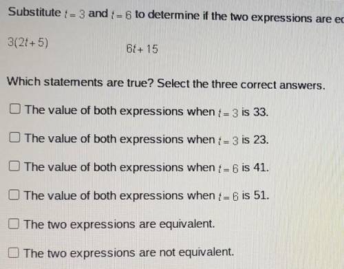 Substitute f = 3 and {= 6 to determine if the two expressions are equivalent. 3(21+5) 61+ 15 Which
