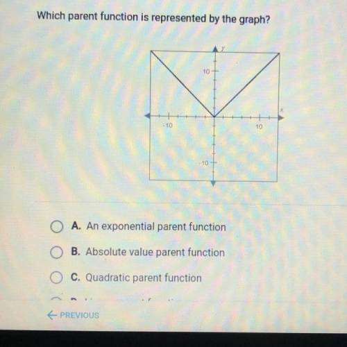 Which parent function is represented by the graph?

10-
+ 10
10-
A. An exponential parent function