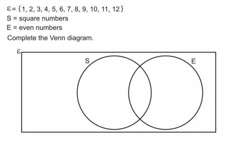 3= (1,2,3,4,5,6,7,8,9,10,11,12) s= square numbers e= even numbers complete the venn diagram