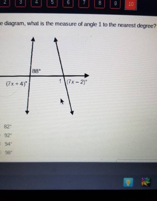 E In the diagram, what is the measure of angle 1 to the nearest degree 88° 1 \(7x - 2)° (7x + 4)​