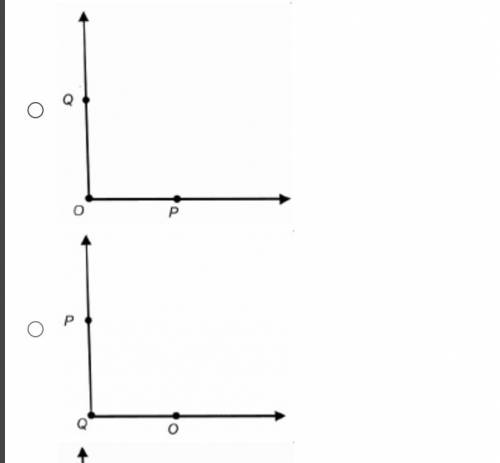 Which shows Angle P O Q? Line segments Q O and O P combine to form an angle. Line segments P Q and