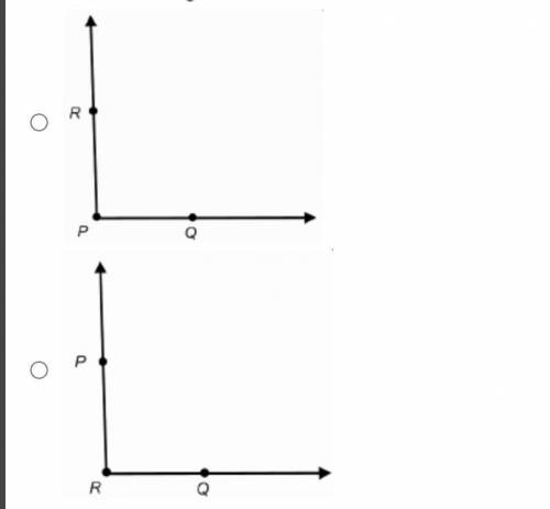 Which shows Angle P O Q? Line segments Q O and O P combine to form an angle. Line segments P Q and