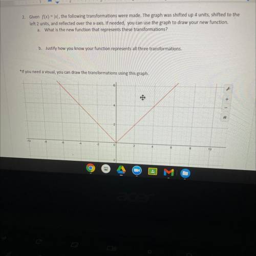 ( HELP ASAP)

Given f(x) = |x, the following transformations were made. The graph was shifted up 4