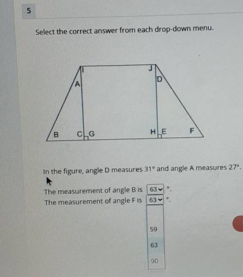 what's the correct answer from each drop-down menu in the figure angle D measures 31° and angle a m