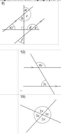 EXTRA POINTSS -- Find the measure of the angles marked a, b, c, etc. in each diagram below