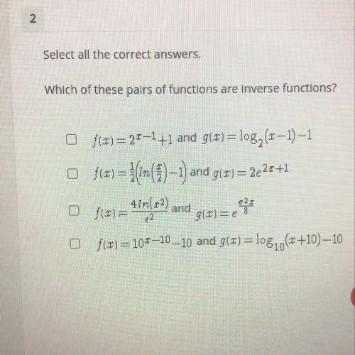 Select all the correct answers.
Which of these pairs of functions are inverse functions?