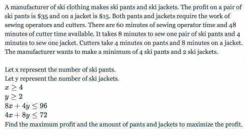 A manufacturer of ski clothing makes ski pants and ski jackets. The profit on a pair of ski pants i