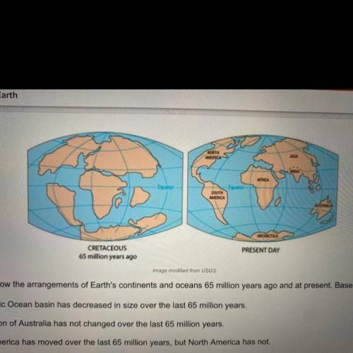 The maps above show the arrangements of Earth's continents and oceans 65 million years ago and at p