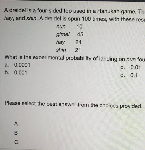 PLEASE HELP ASAP

A dreidel is a four-sided top used in a Hanukkah game the sides or labeled with