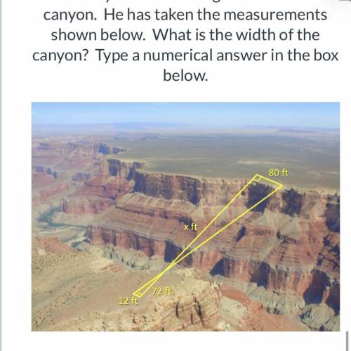 A surveyor is calculating the width of a canyon. He has taken the measurements shown below. What is