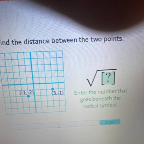 Find the distance between the two points.

✓ [?]
(-1,-2)
(3,-1)
Enter the number that
goes beneath