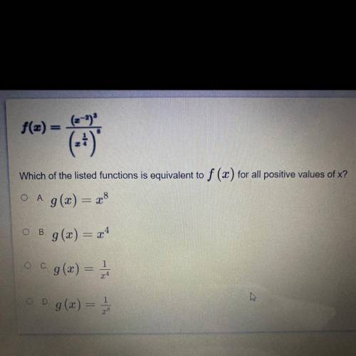PLEASE HELP
BTW THE EQUATION IS f(x)= (x^-2)^3/(x^1/4)^8