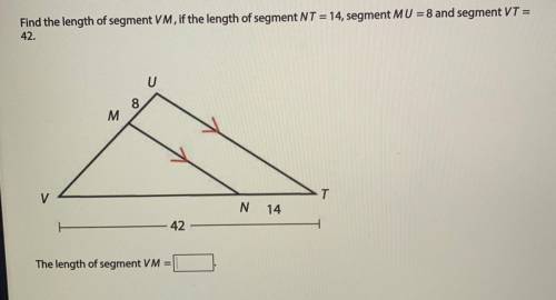 Find the length of segment VM, if the length of segment NT = 14, segment MU = 8 and segment VT =