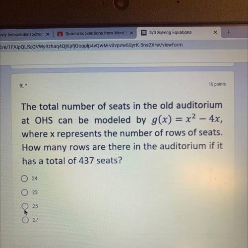 The total number of seats in the old auditorium

at OHS can be modeled by g(x) = x2 - 4x,
where x