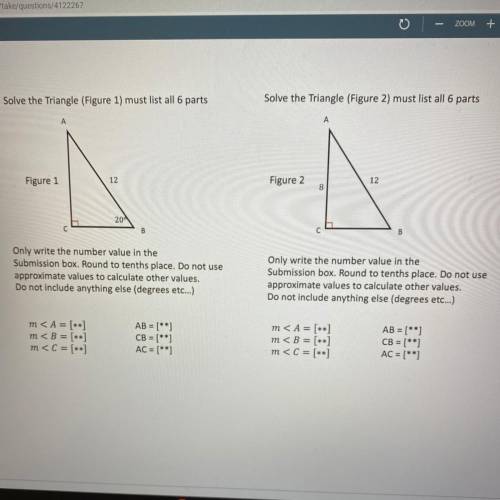 Solve the Triangle (Figure 1) must list all 6 parts

Solve the Triangle (Figure 2) must list all 6
