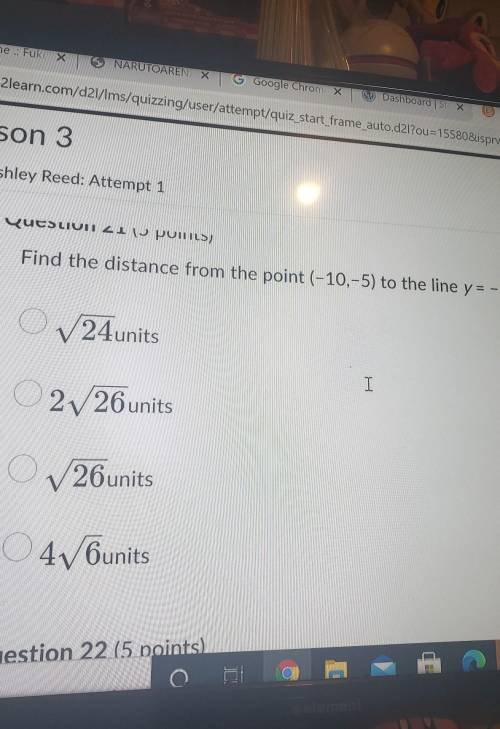 Find the distance from the point (-10,-5) to the line y=-5x-3

answer choices in the picture provi
