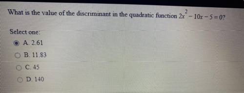 What is the value of the discriminant in the quadratic function 2x^2-10x-5=0?