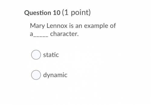 Mary Lennox is an example of a_____ character.

Question 10 options:
static 
dynamic