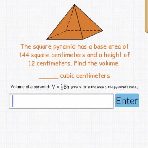 The square pyramid has a base area of 144 square centimeters and a height of 12 centimeters. Find t