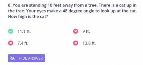You are standing 10 feet away from a tree. There is a cat up in the tree. Your eyes make a 48 degree