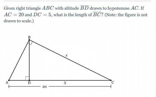 Given right triangle ABCABC with altitude \overline{BD} BD drawn to hypotenuse ACAC. If AC=20 AC=20