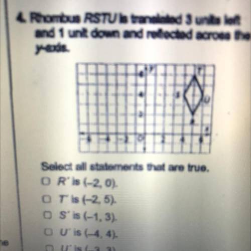Rhombus RSTU is translated 3 units left

and 1 unit down and reflected across t
34axis.
U
N
Select