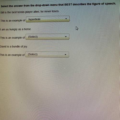 Select the answer from the drop-down menu that BEST describes the figure of speech.

Bill is the b
