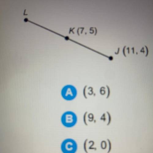 K is the midpoint of JL. What are the coordinates of L?

A. (3,6)
B.(9,4)
C.(2,0)
D.(9,6)