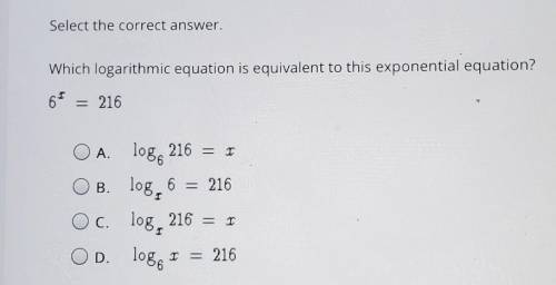 Which logarithmic equation is equivalent to this exponential equation?​