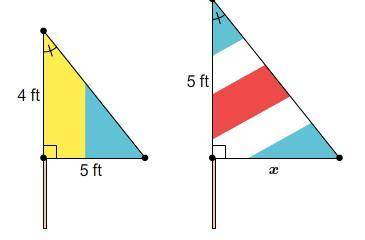 Please help

Sam plans to use two flags on his float for the parade. Each flag is a right triangle
