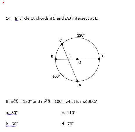 In circle O, chords AC and BD intersect at E. If MCD= 120 and MAB=100, what is BEC?